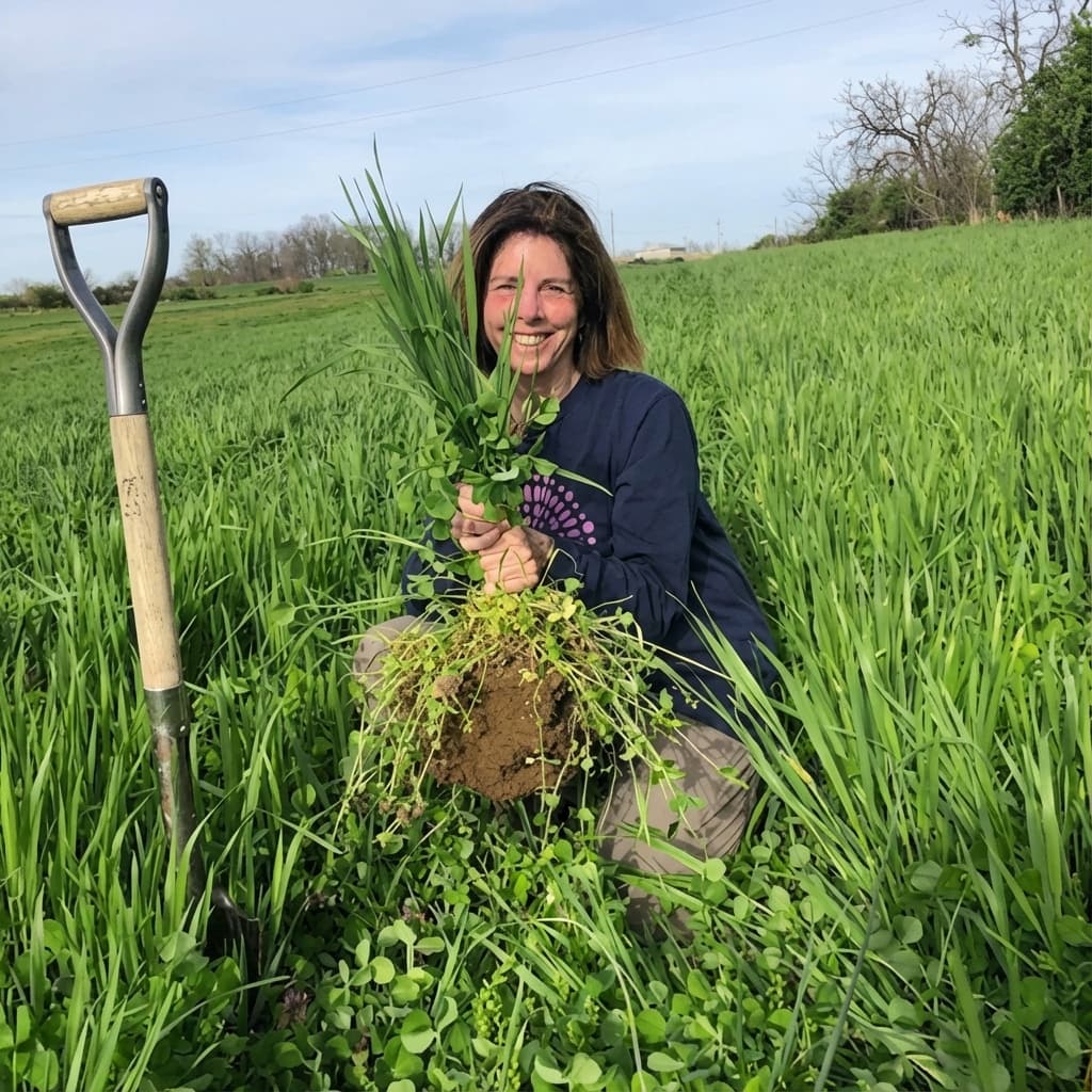 Laura Freeman holding hemp roots at Mt. Folly Farm